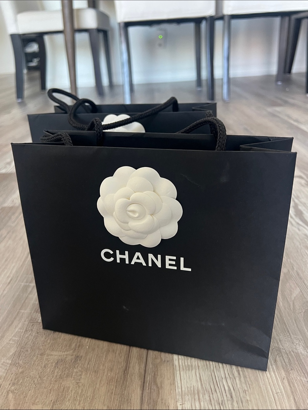 2 CHANEL Black Paper Gift Bags with White Camellia - Picture 4 of 15